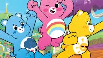 Three bears, blue, pink and yellow, jumping up in the air in front of a colourful background with blue skies and purple trees.