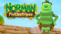 A friendly, green-striped creature wearing a tool belt is standing on a wooden log with his hands on his hips.