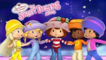 Five cute female characters wearing colourful hats holding hangs in front of a dark purple background.
