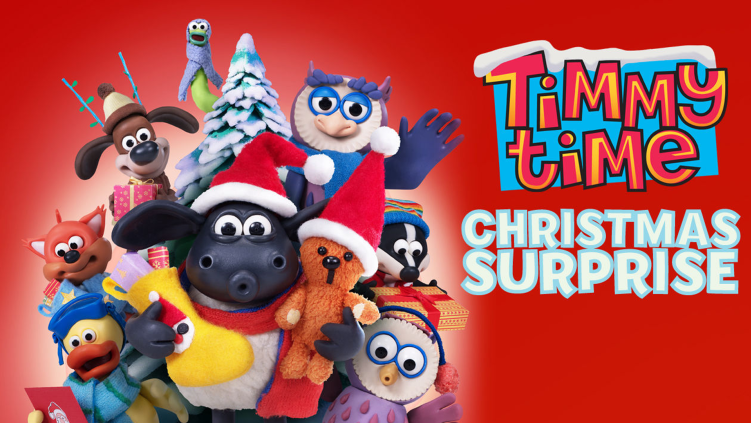 A bunch of cute animals huddled together in front of a red background, next to a logo that reads Timmy Time Christmas Surprise.