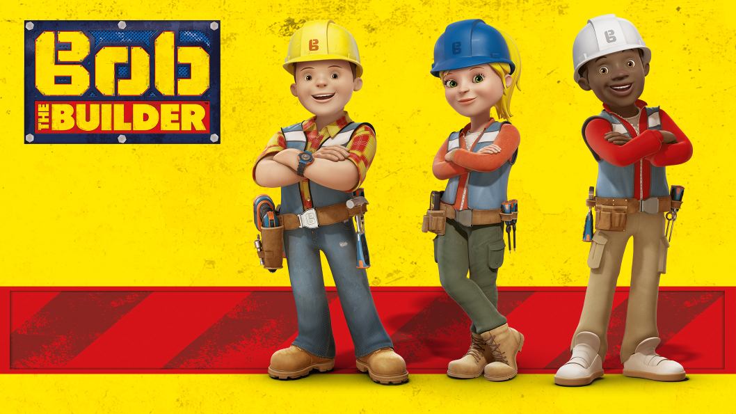 Two male and one female construction workers standing in front of a yellow wall, wearing helmets, tool belts and their arms crossed.