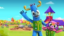 A friendly, blue moose in a green vest and a pink fox in a green vest, waving and standing in front of a green field and a purple house in the background,.