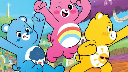 Three bears, blue, pink and yellow, jumping up in the air in front of a colourful background with blue skies and purple trees.
