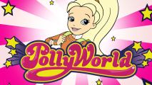 A girl with a blonde ponytail, in front of a Polly World logo.