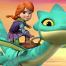 A red haired girl sitting on top of a light green dragon.