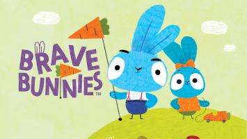Two blue bunnies standing on a green hill next to a sign that says, Brave Bunnies.